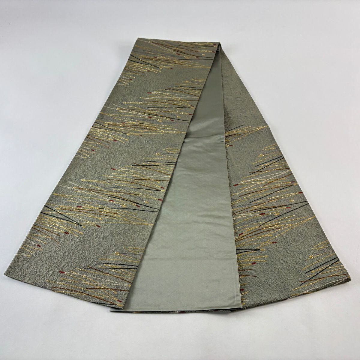 【美品】 袋帶 秀品級 松樹葉 金絲 刺繡 灰綠 六通 純蠶絲