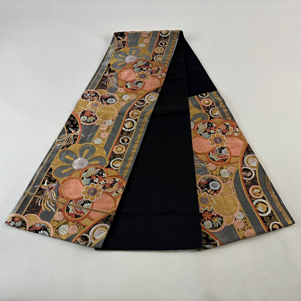 袋帶 秀品級 花鳥 蝶 金銀絲 刺繡 銀 六通 純蠶絲