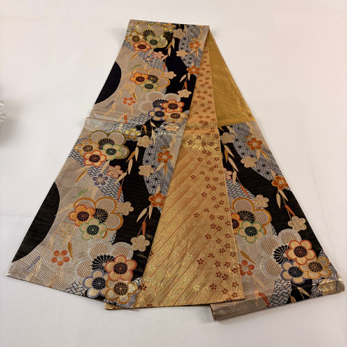 【美品】 袋帶 秀品級 梅花 金金箔 金絲 黑 六通 純蠶絲
