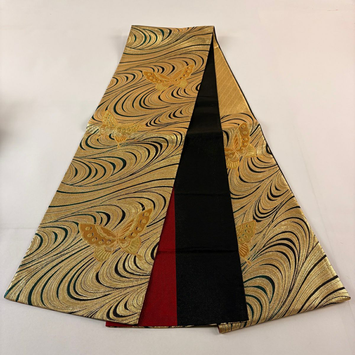 【美品】 袋帶 秀品級 蝴蝶 幾何學 金金箔 金絲 金 六通 純蠶絲