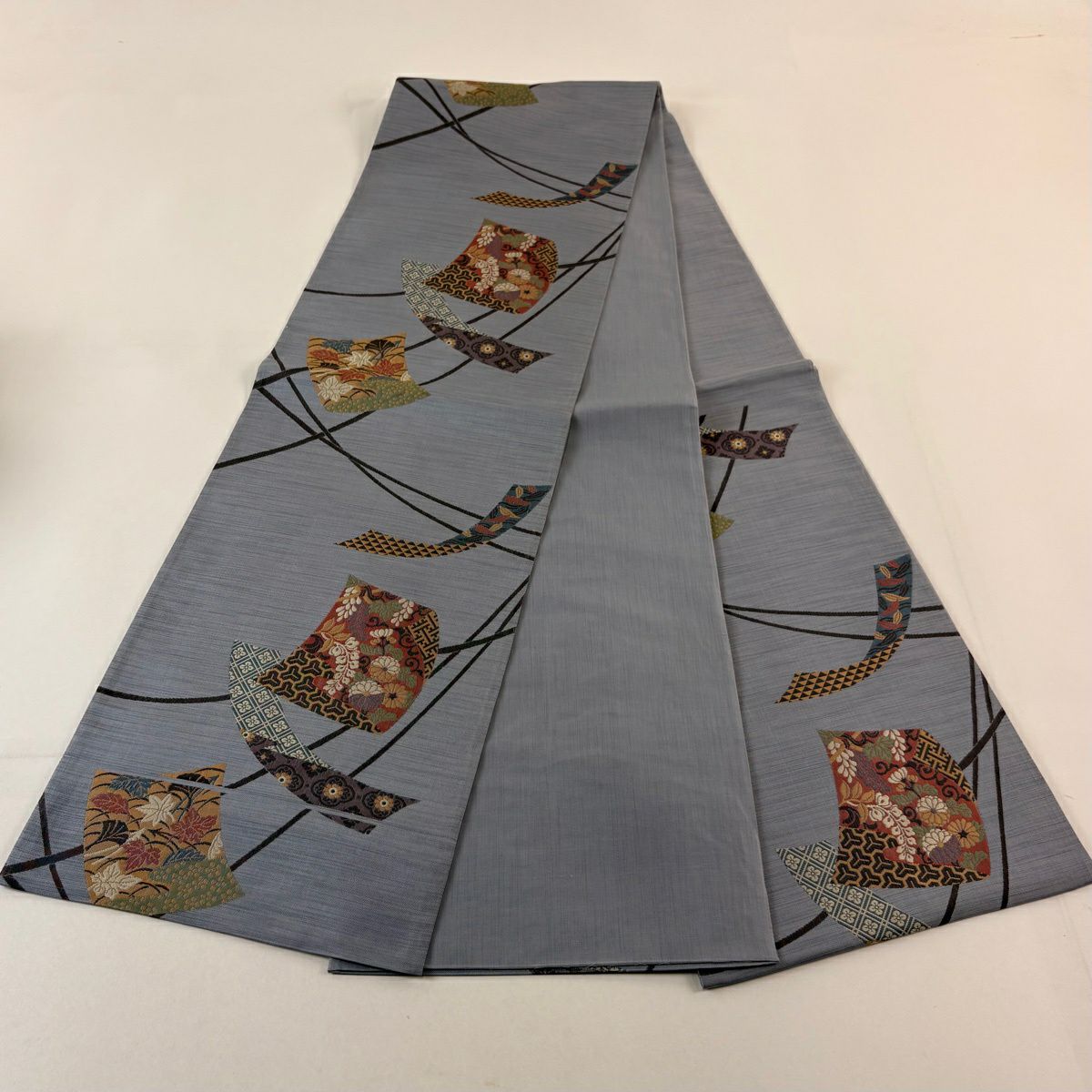 【美品】 袋帶 秀品級 熨斗紋 菊花 青灰 深藍色 六通 純蠶絲
