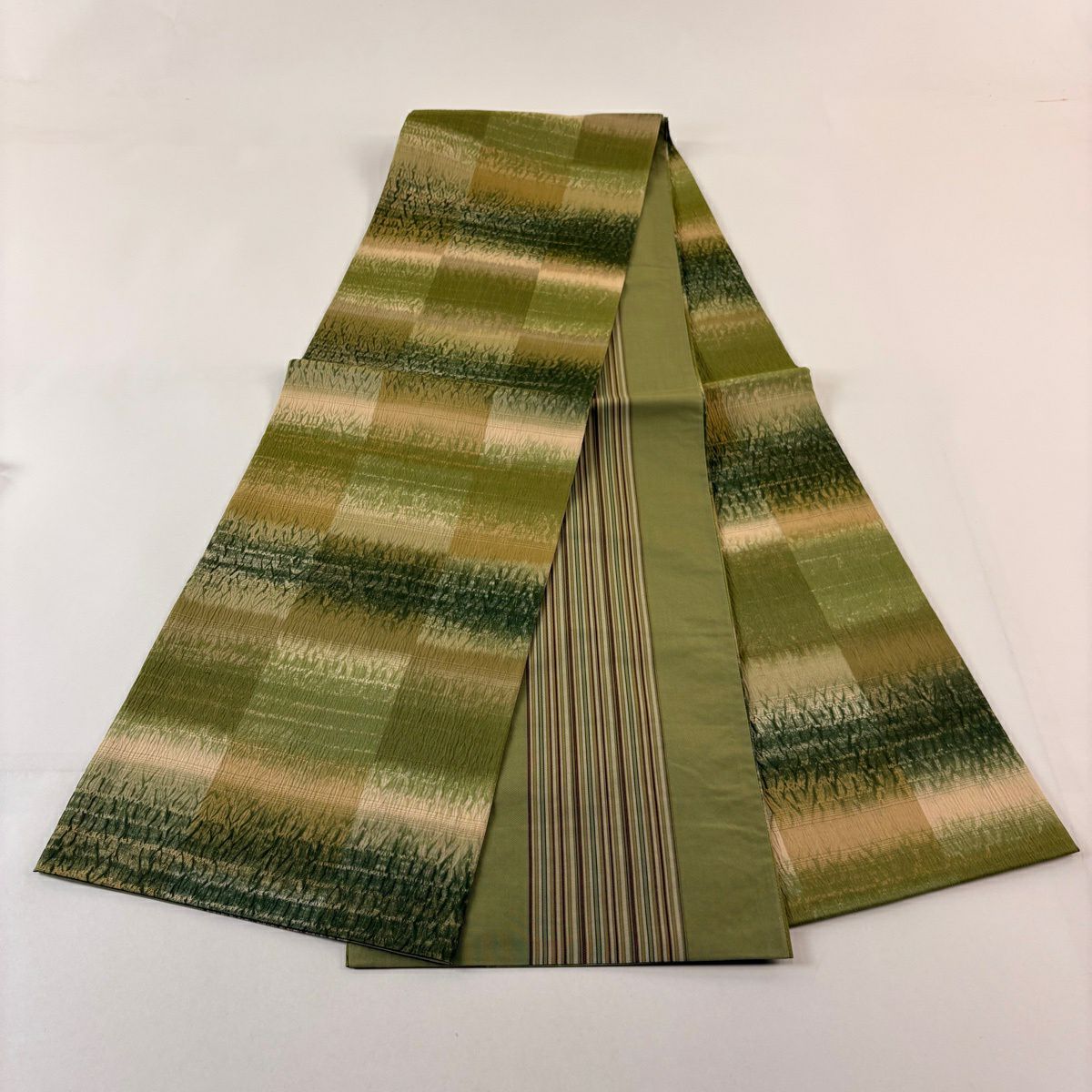 【美品】 袋帶 秀品級 市松樹 幾何學 漸層 抹茶 深綠 全通 純蠶絲