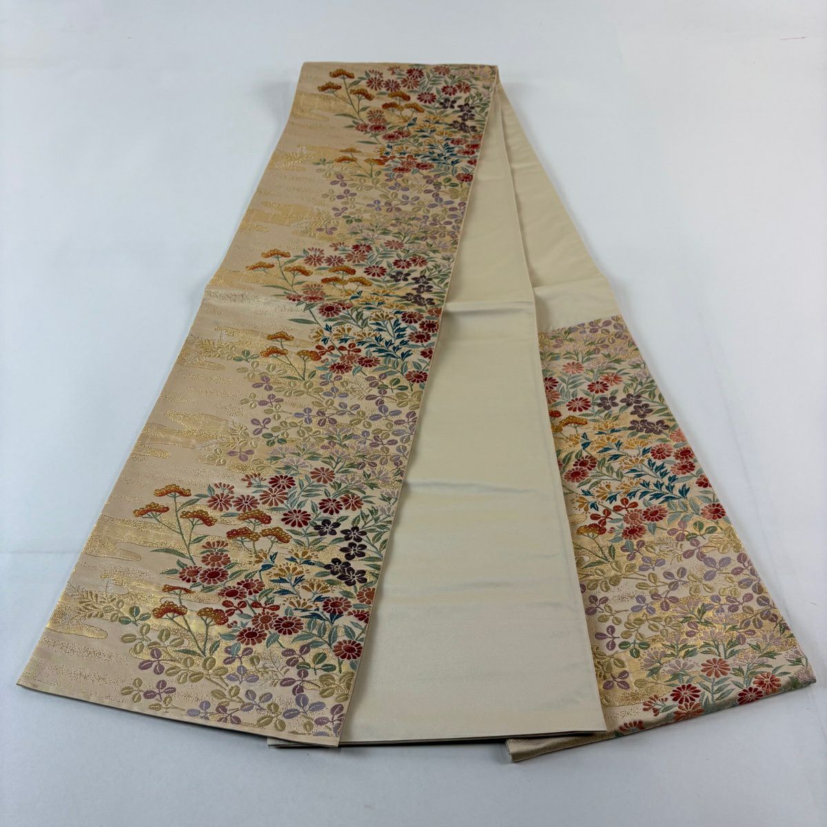 【美品】 袋帶 秀品級 秋草 霞 金絲 金金箔 米色 六通 純蠶絲