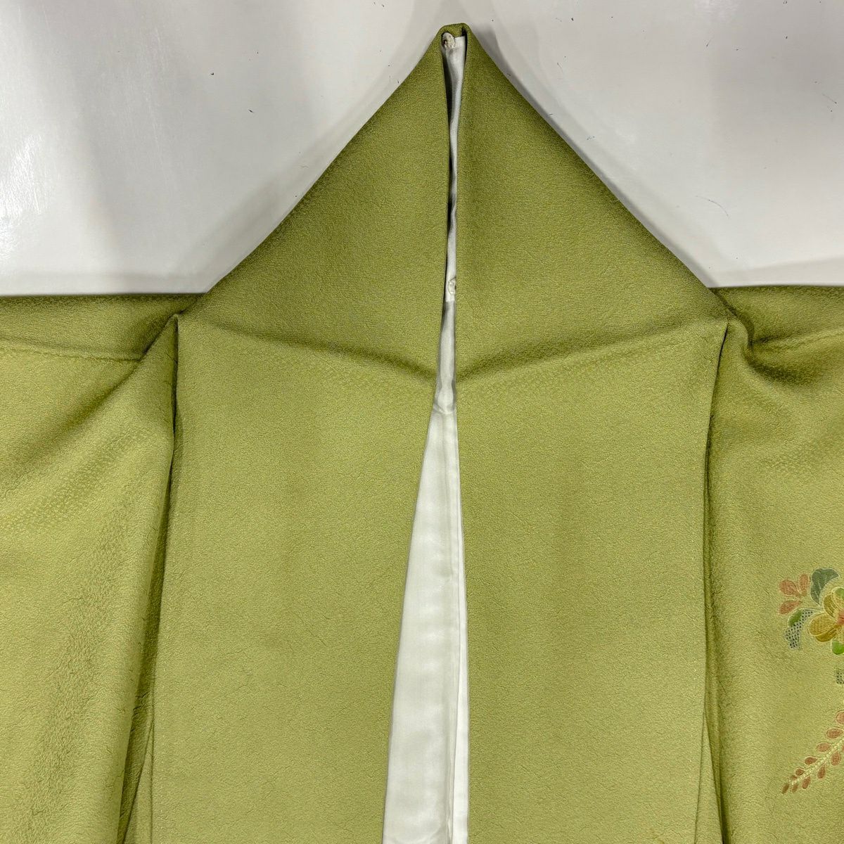 付下 身長163.5cm 袖長64cm M 雙層 花車 地紋 刺繡 染分 抹茶 純蠶絲 秀品級