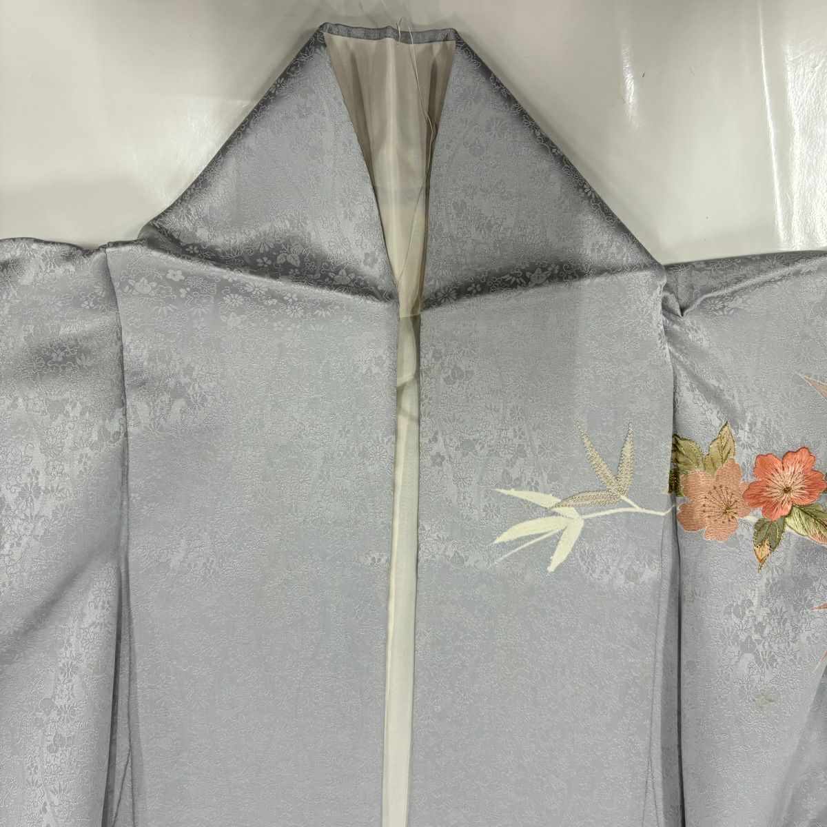 訪問服 身長155.5cm 袖長63cm S 雙層 草花紋紋 地紋 刺繡 金線 青灰 純蠶絲 秀品級 一つ紋