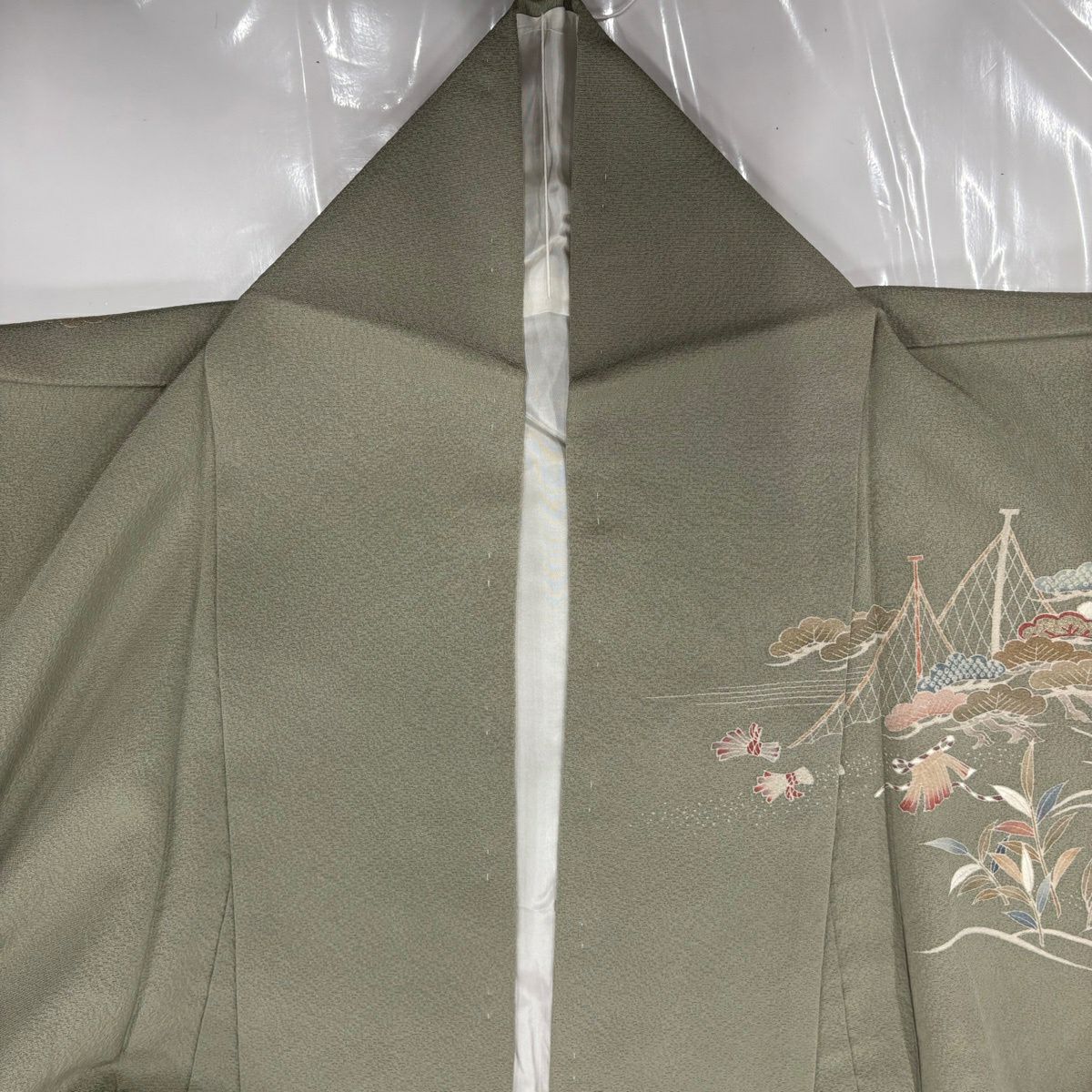 訪問服 身長160cm 袖長63.5cm S 雙層 松樹竹子梅花 流水 絞染 刺繡 灰綠 純蠶絲 名品級 一つ紋