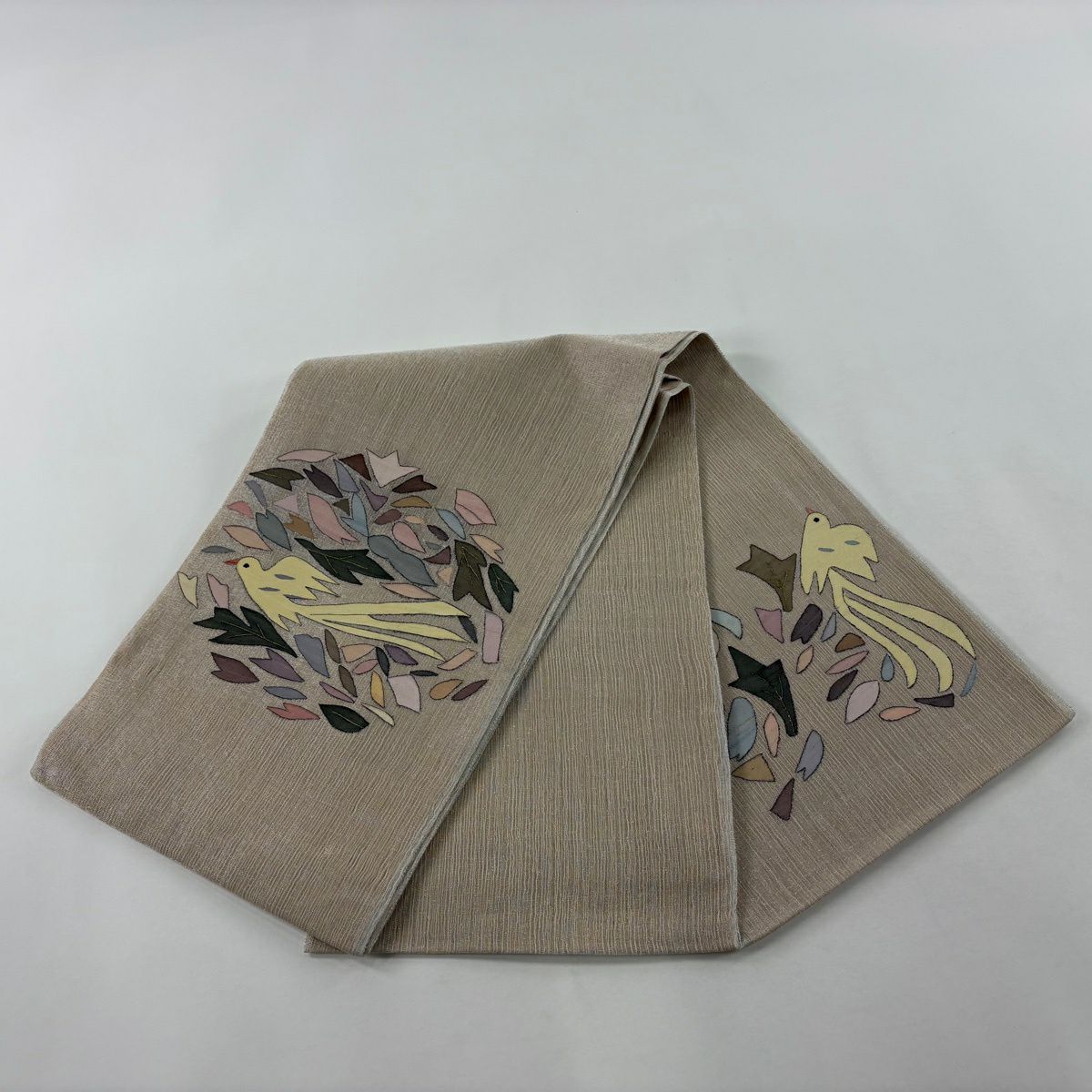 【美品】 袋帶 逸品級 夏帶 鳥 葉紋 金銀彩 淺茶 細帶圖案 純蠶絲