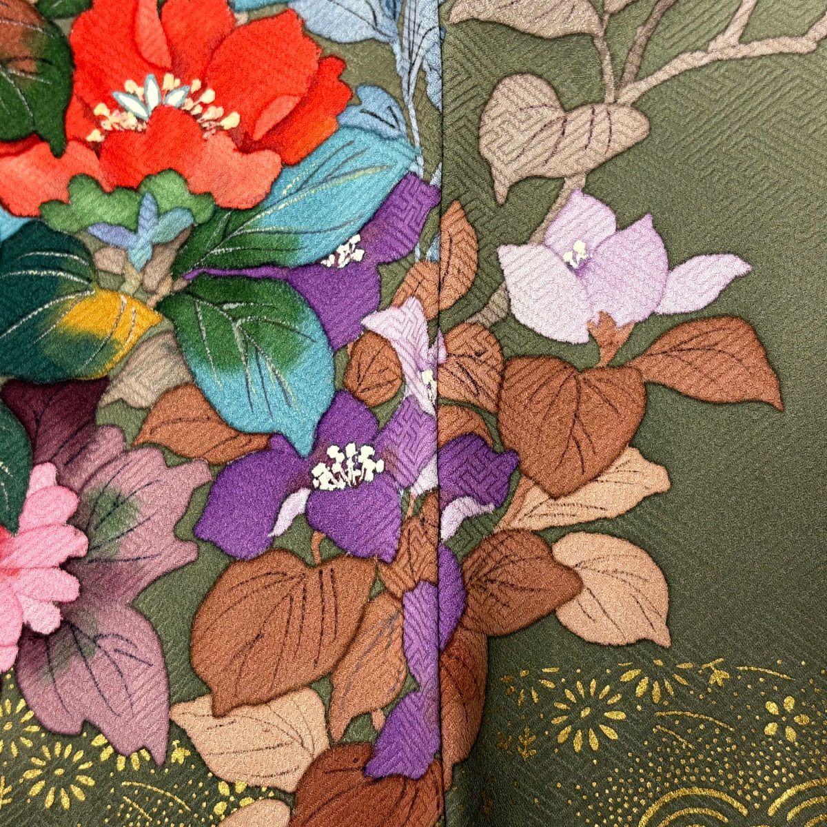 訪問服 身長171cm 袖長67cm M 雙層 二代目清次郎 落款あり 草花紋紋 青海波 金銀彩 染分 Beige 純蠶絲 名品級