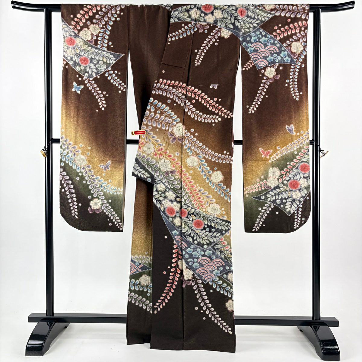 【美品】振袖禮服 身長165.5cm 袖長64cm M 雙層 辻花染 金銀彩 漸層 焦茶 純蠶絲 逸品級