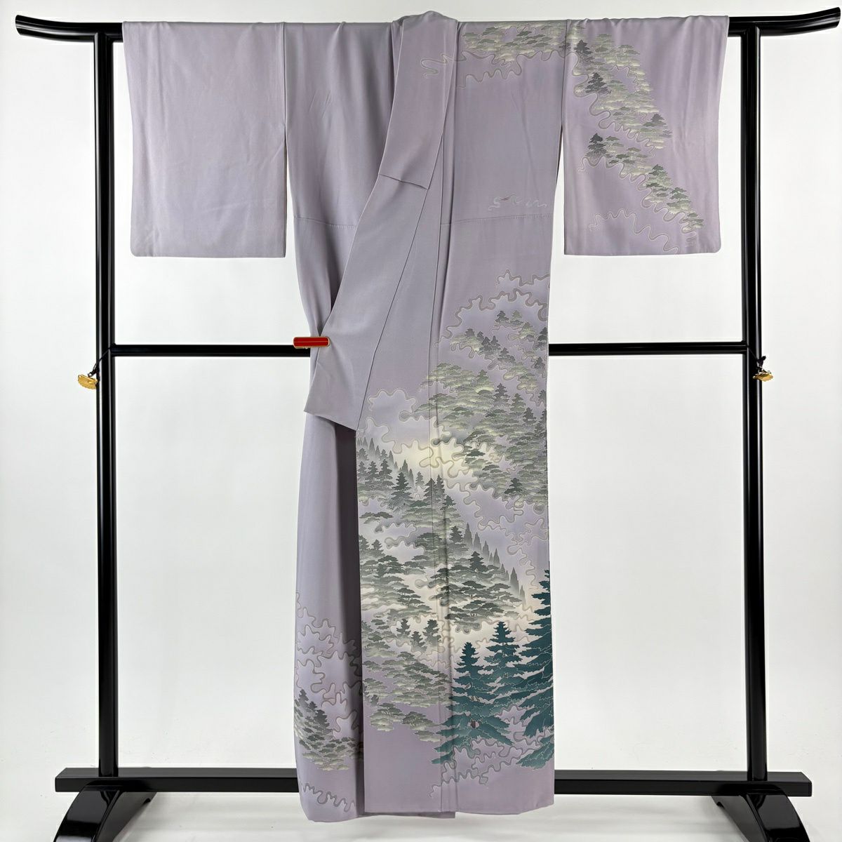 訪問服 身長157cm 袖長63cm S 雙層 杉浦伸 加賀友禪 落款あり 樹木 霞 漸層 灰紫 純蠶絲 逸品級 一つ紋