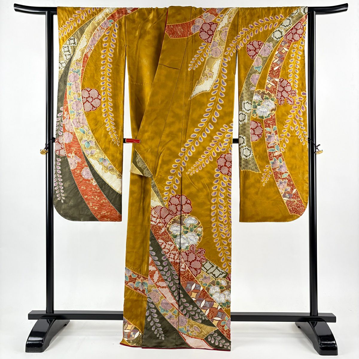 【美品】振袖禮服 身長166cm 袖長66cm M 雙層 草花紋紋 雪輪 金通し 金銀彩 山吹茶 純蠶絲 逸品級