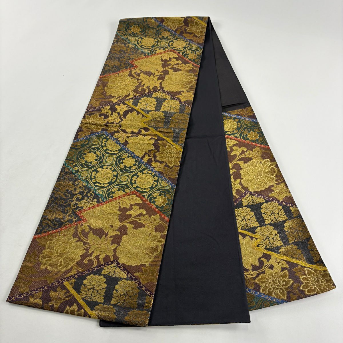 【美品】 袋帶 名品級 じゅらく 落款あり 花唐草紋 蜀江文 金金箔 金絲 茶紫 六通 純蠶絲