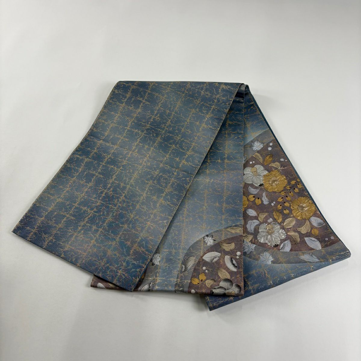 【美品】 袋帶 名品級 椿 辻花染圖案 金金箔 銀通過 深灰藍色 大鼓圖案 純蠶絲