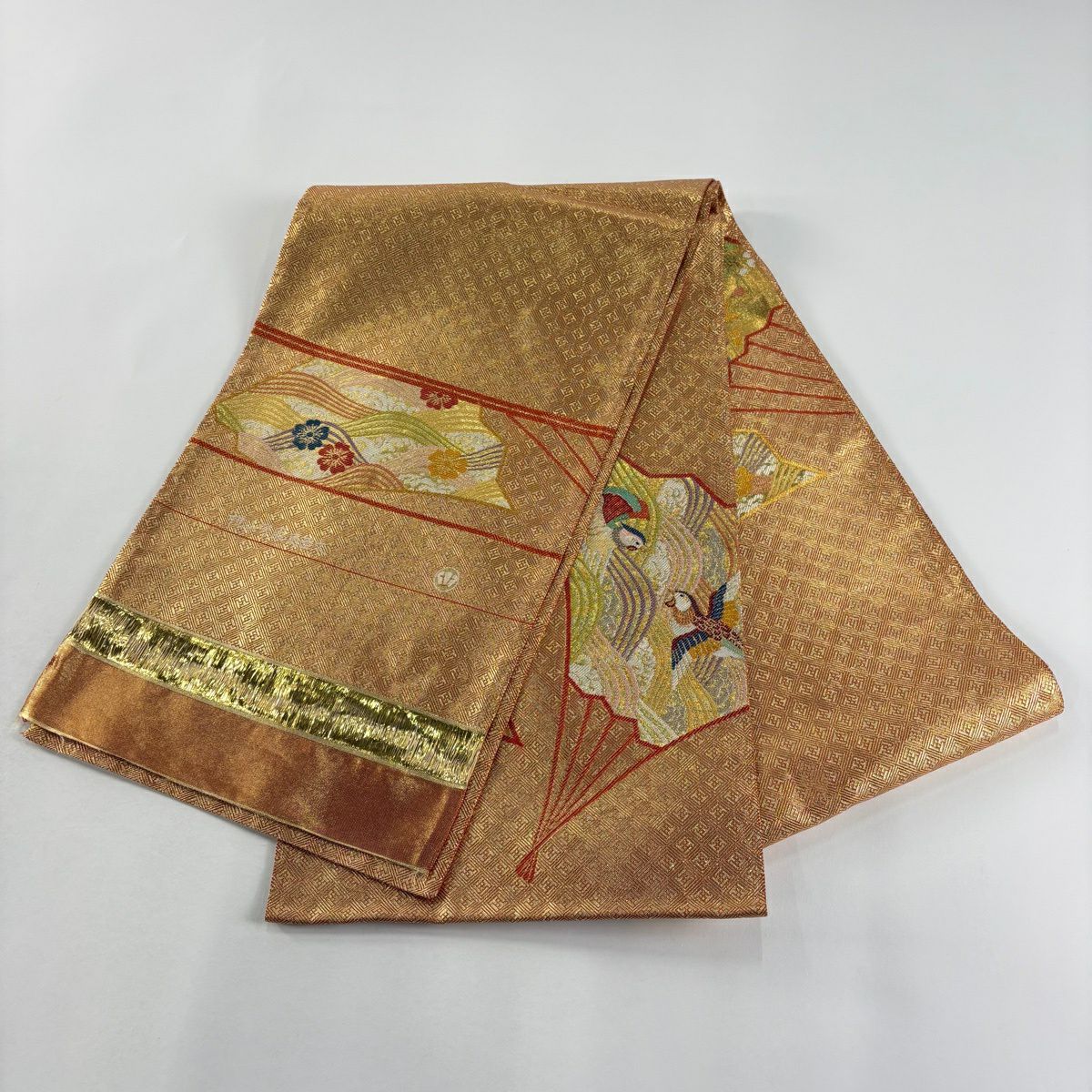 【美品】 袋帶 名品級 落款あり 證書あり 北尾織物 花鳥 扇子 金金箔 金色 大鼓圖案 純蠶絲