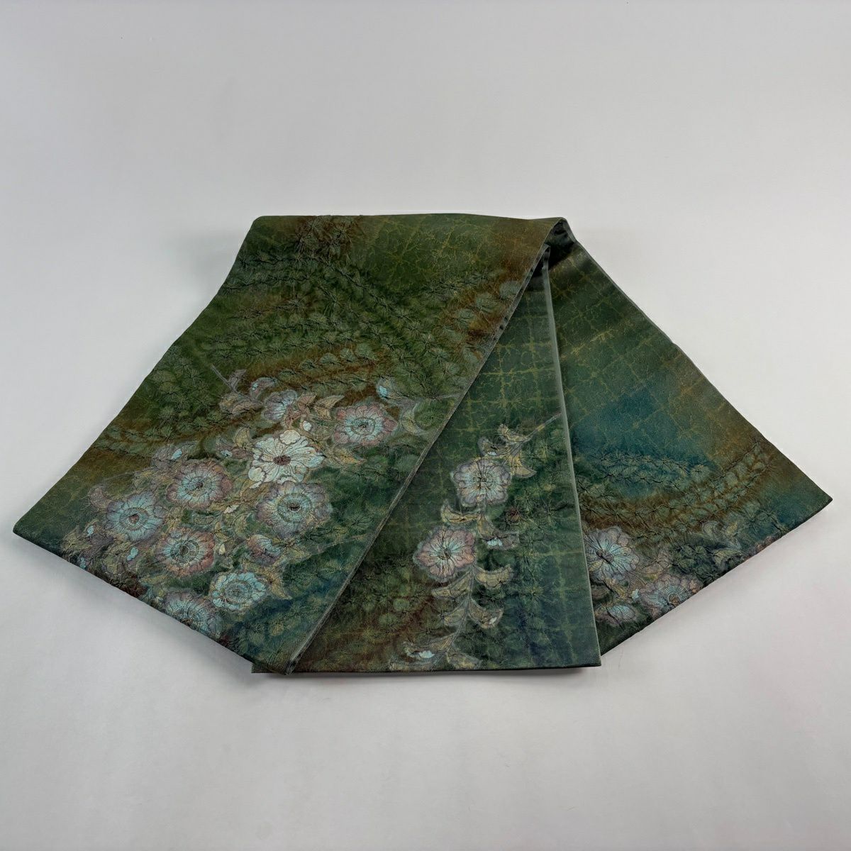 【美品】 袋帶 名品級 辻花染 金通 灰綠 お太鼓圖案 純蠶絲