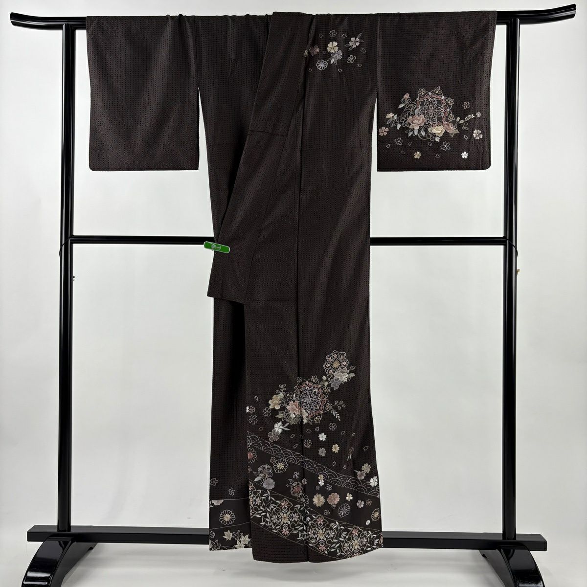 訪問服 身長157cm 袖長65.5cm M 雙層 華紋 櫻花 刺繡 焦茶 純蠶絲 逸品級