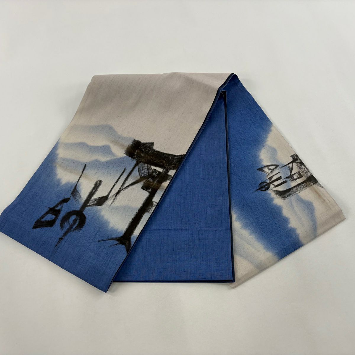袋帶 秀品級 附落款 紬織織 幾何圖案 山脈 金彩裝飾 漸變 藍色 大鼓圖案 純蠶絲