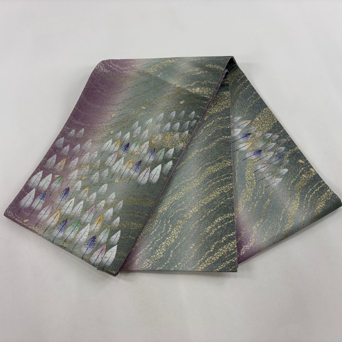 【美品】 袋帶 秀品級 樹木 花瓣 金彩裝飾 金銀絲 淺紫 お太鼓圖案 純蠶絲