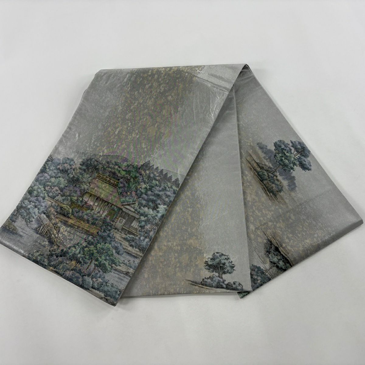 【美品】 袋帶 秀品級 附落款 風景 建築 金金箔 灰色 大鼓圖案 純蠶絲