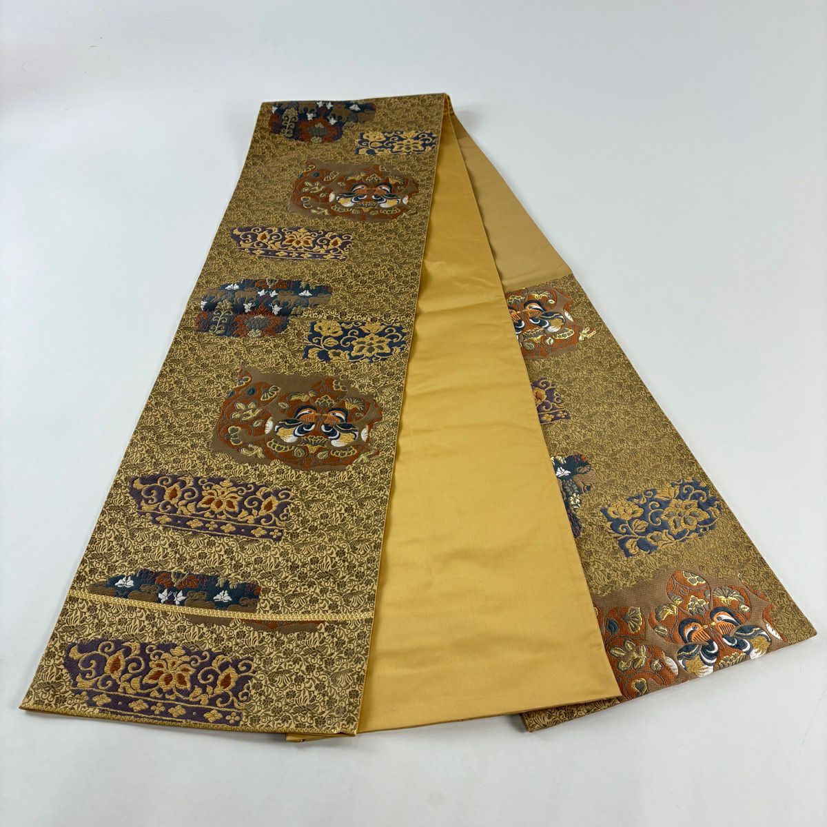 【美品】 袋帶 秀品級 關西仕立 雙面鳥 花唐草紋 金絲 山吹茶 六通 純蠶絲