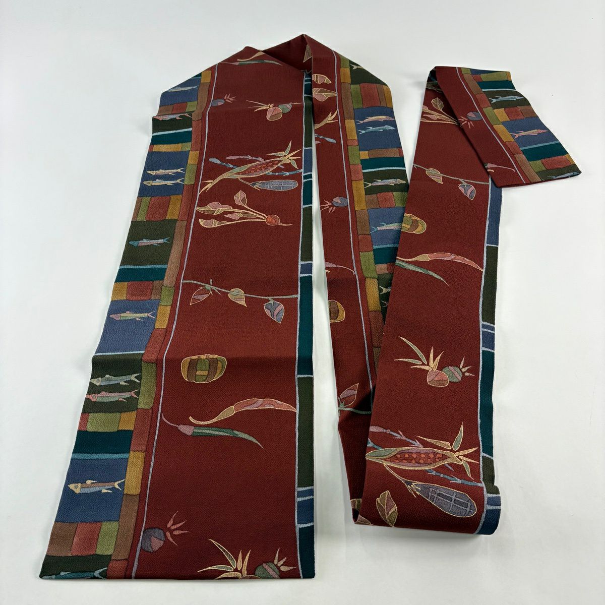 【美品】 名古屋帶 秀品級 野菜 魚 金銀彩 縮緬 純蠶絲