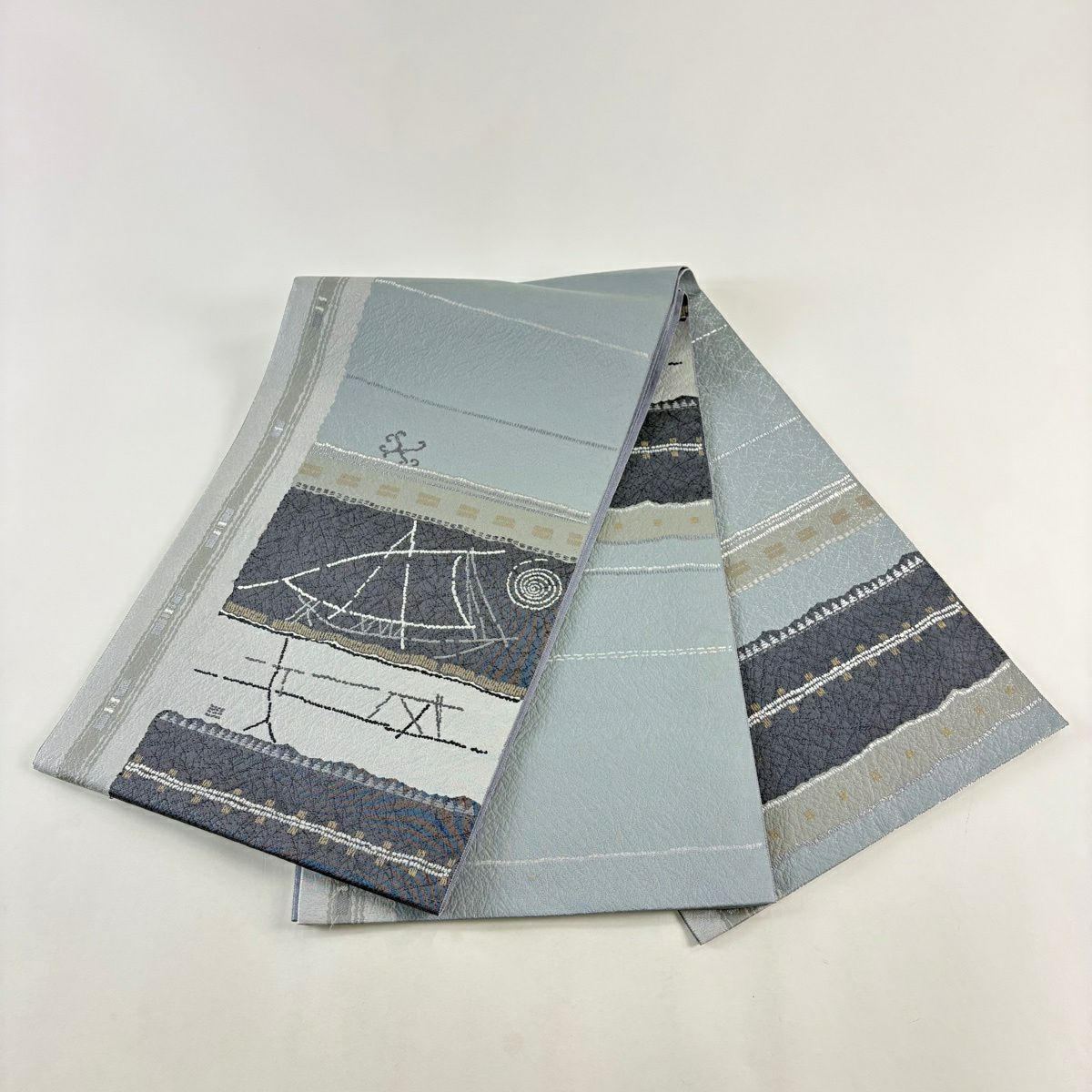 【美品】 袋帶 秀品級 船 太陽 青灰 純蠶絲 お太鼓柄