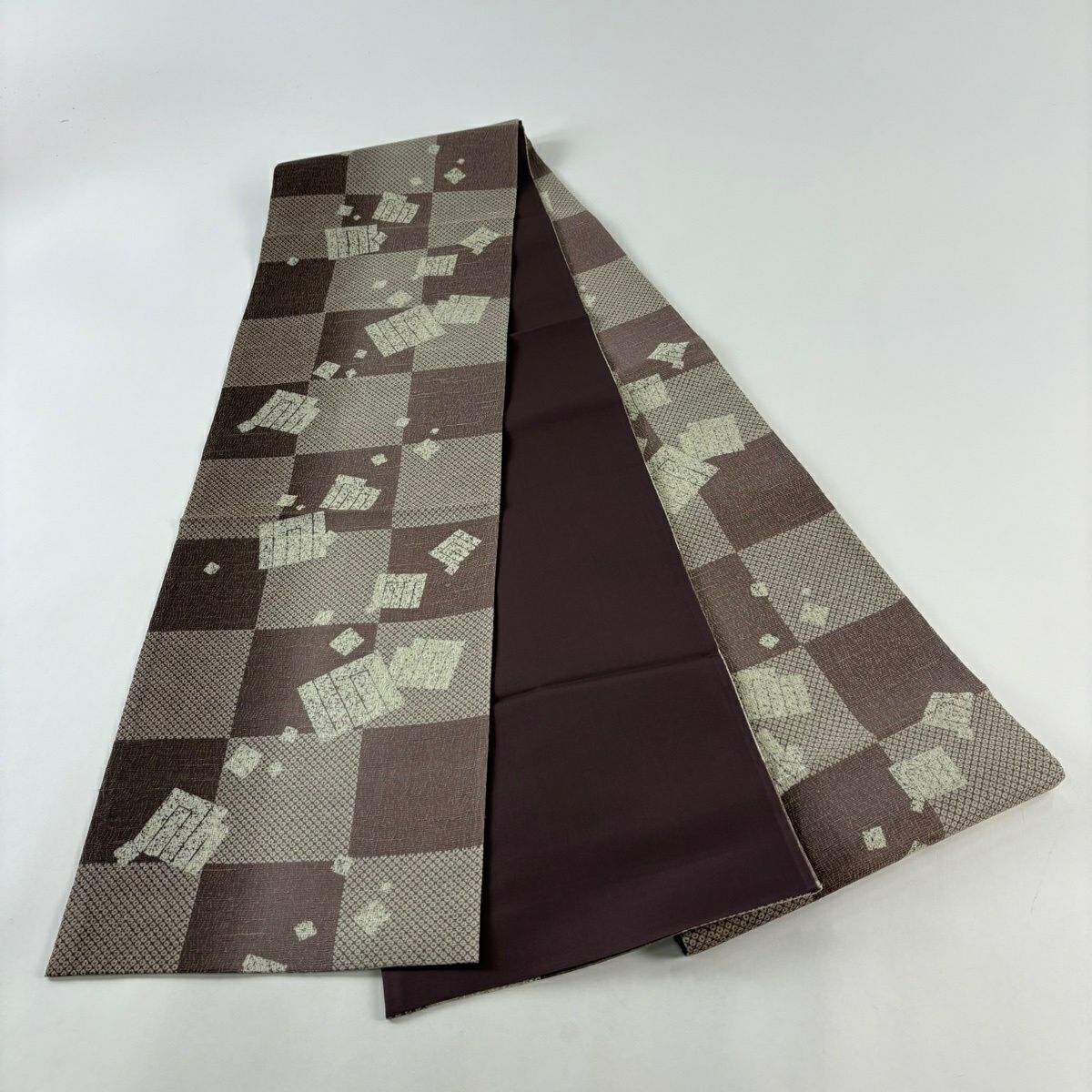 【美品】 袋帶 秀品級 市松樹 源氏香 金絲 茶紫 全通 純蠶絲