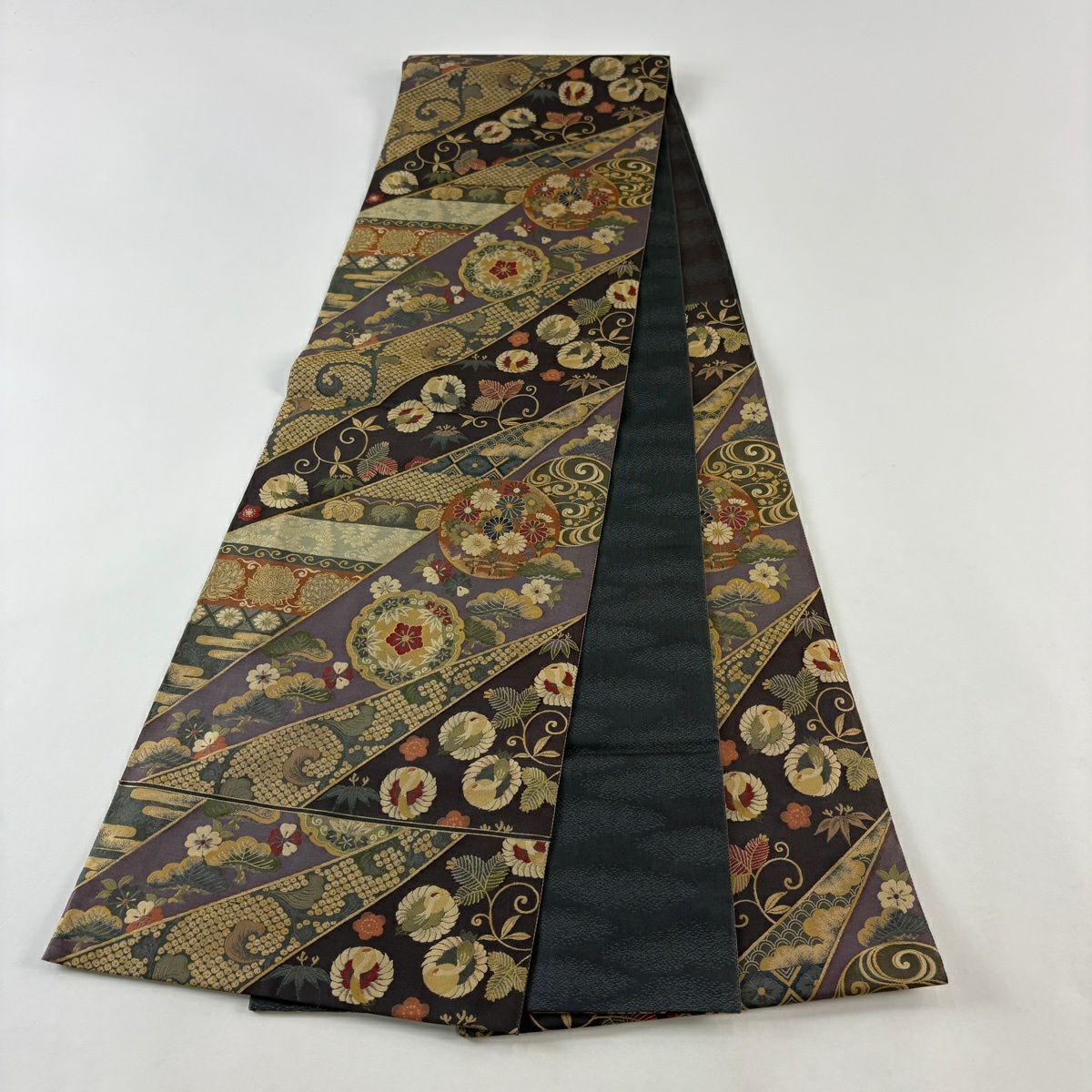 【美品】 袋帶 秀品級 松樹竹子梅花 仙鶴 墨 深藍 六通 純蠶絲