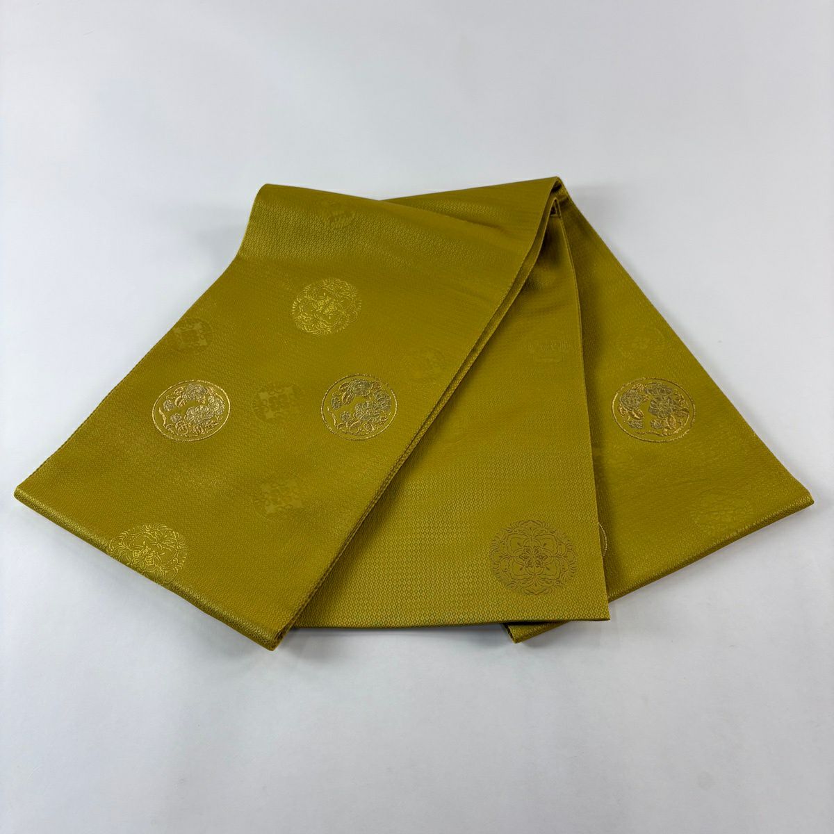 【美品】 袋帶 秀品級 圓文 草花紋 金絲 抹茶 深綠色 大鼓圖案 純蠶絲