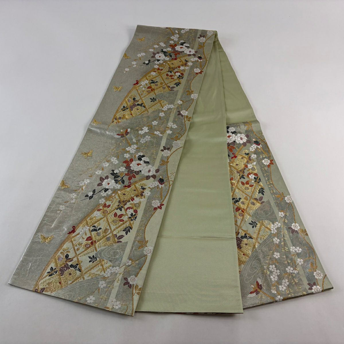【美品】 袋帶 秀品級 花鳥 光悅垣 唐織 金金箔 淺綠 六通 純蠶絲