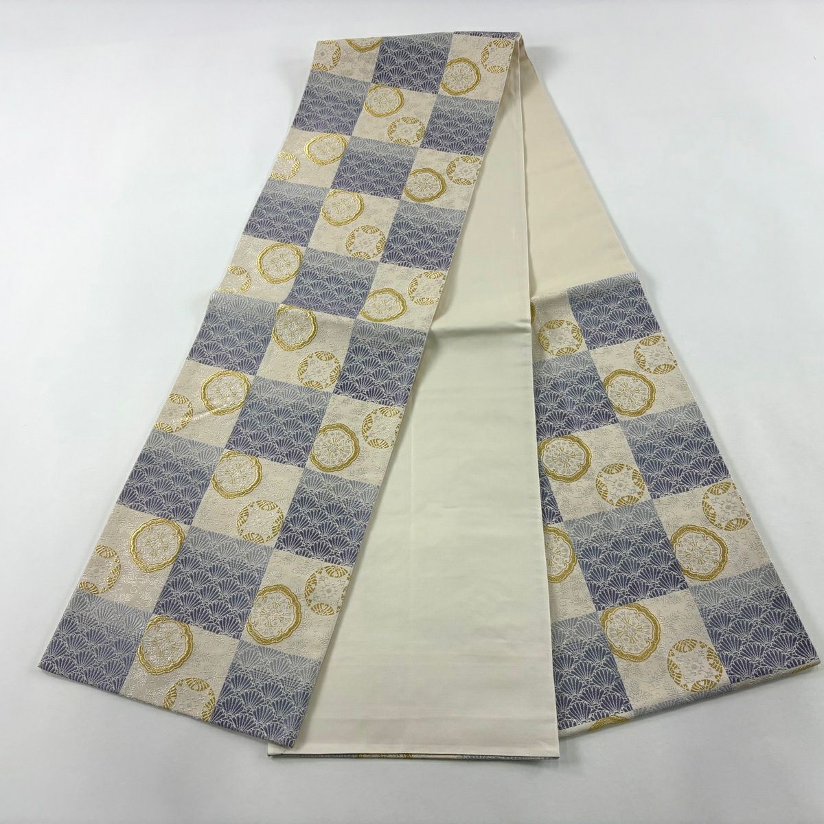 【美品】 袋帶 逸品級 市松樹花 金絲刺繡 淺紫 六通 純蠶絲