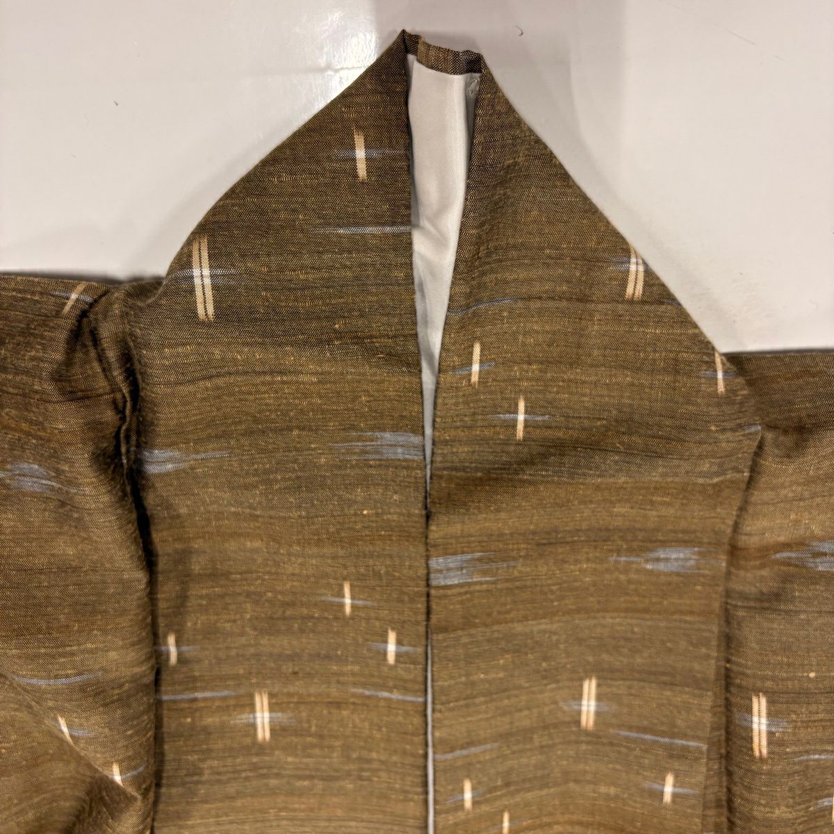 【美品】 紬織 身長156.5cm 袖長63cm S 雙層 十字絣 幾何圖案 茶 純蠶絲 優品級