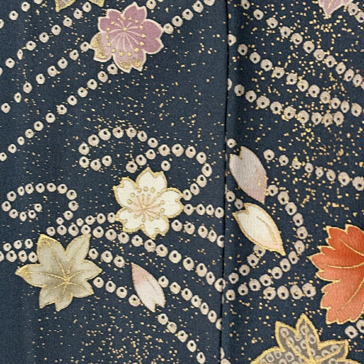 訪問服 身長158cm 袖長67.5cm L 雙層 樱花 紅葉 金彩裝飾 漸變 深藍 純蠶絲 優品級