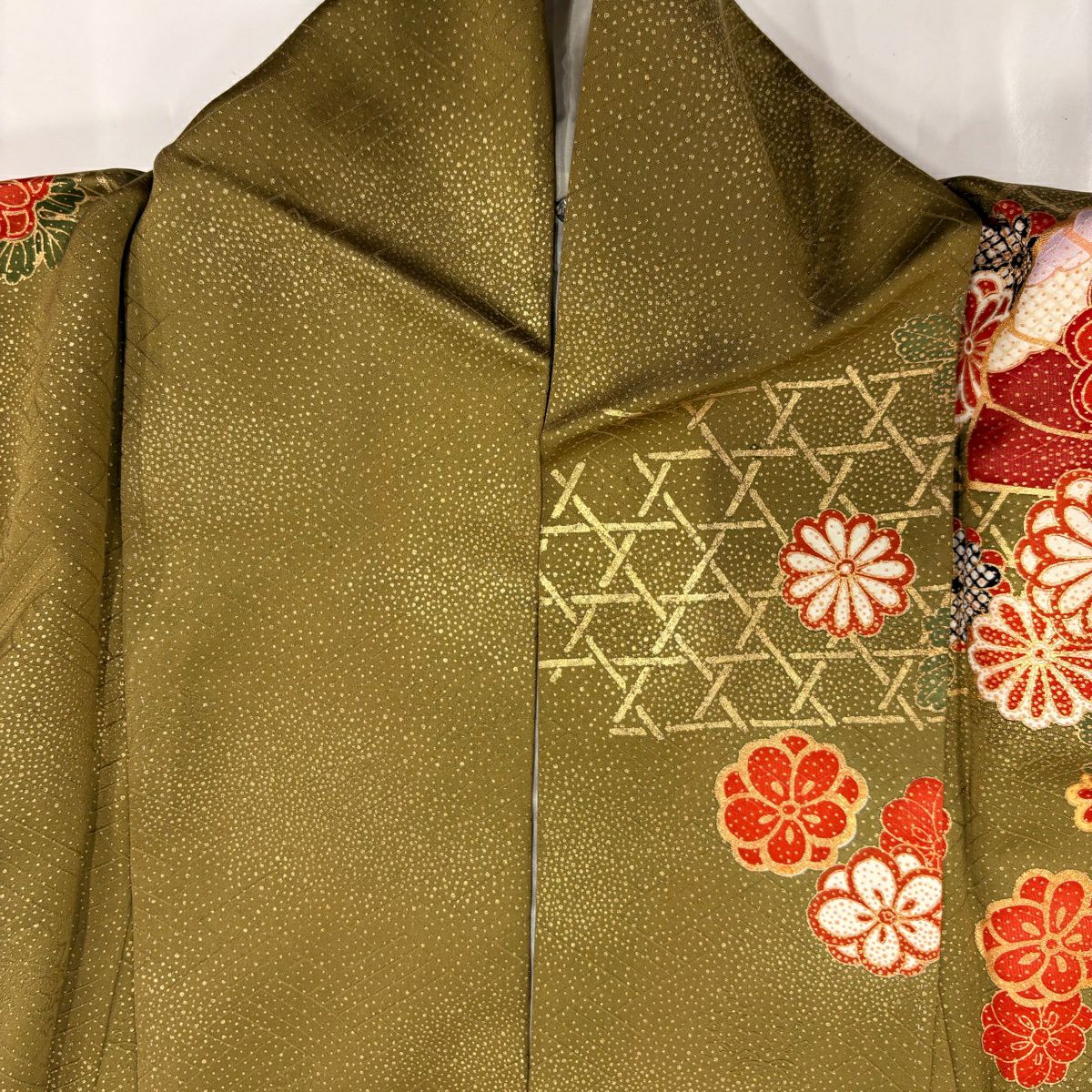 振袖禮服 身長164cm 袖長66cm M 雙層 御所車 草花紋 金絲 金銀彩 鶯 棉絲 秀品級