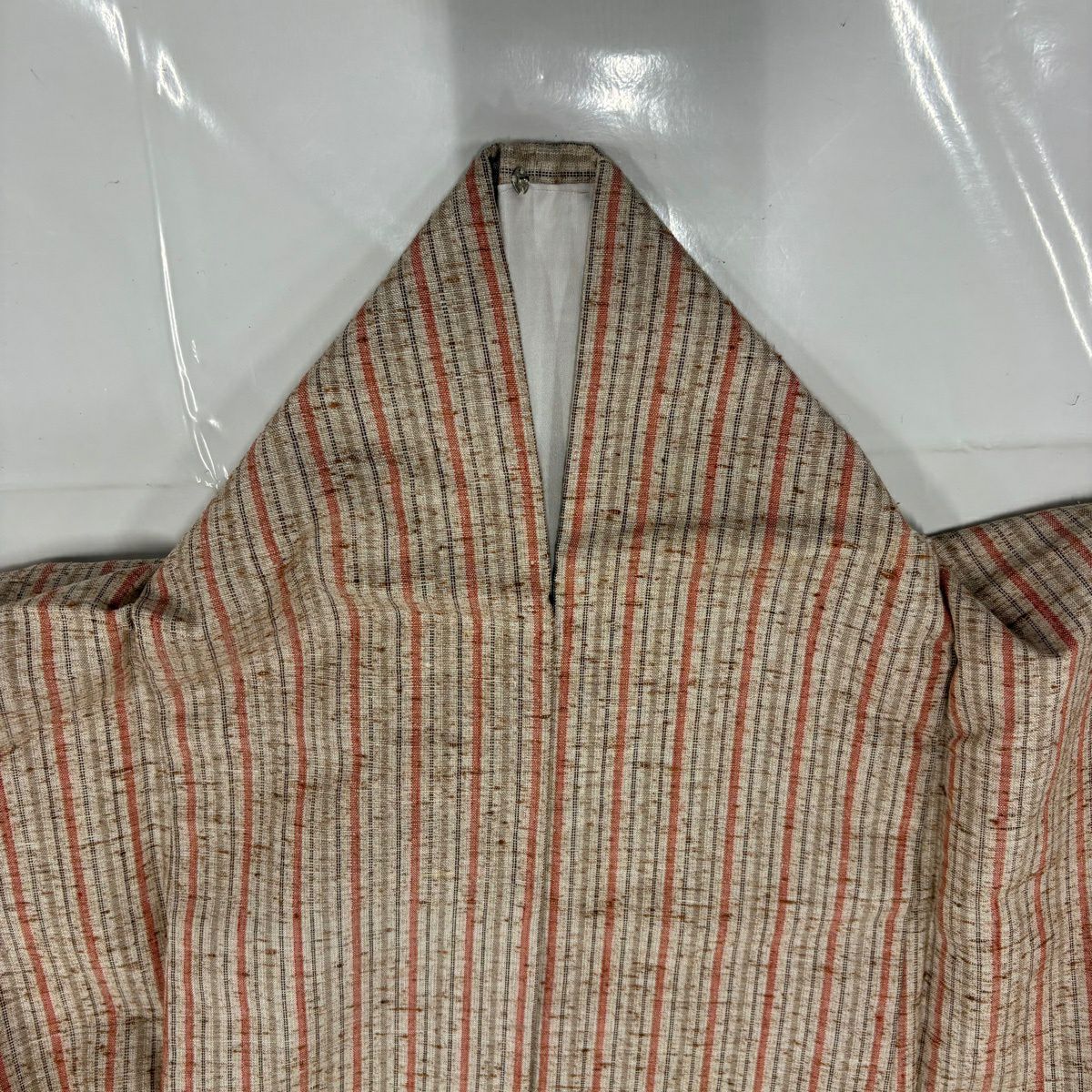 【美品】 紬織 身長158cm 袖長64cm M 雙層 垂直條紋 淺茶 純蠶絲 名品級