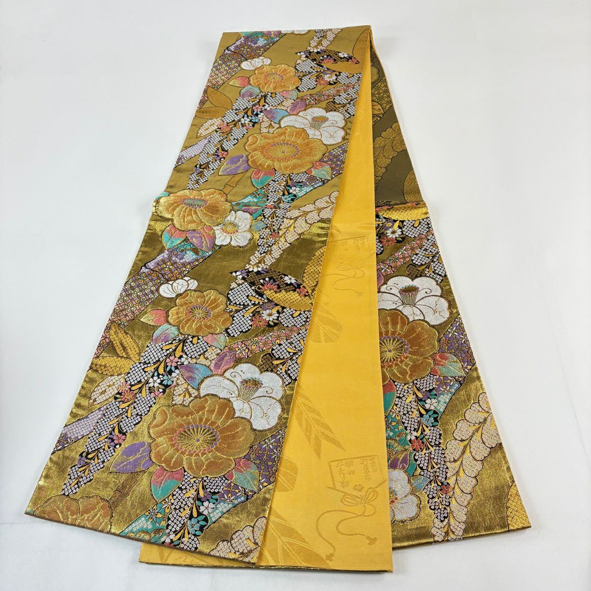 袋帶 秀品級 草花紋紋 藤 刺繡 金絲 金色 六通 純蠶絲