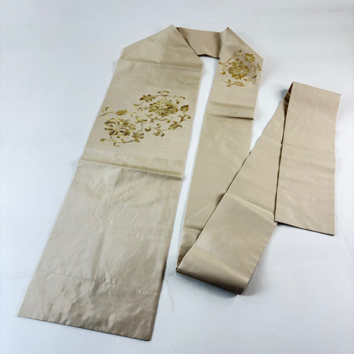 名古屋帶 秀品級 花唐草紋 金銀彩 灰茶 純蠶絲