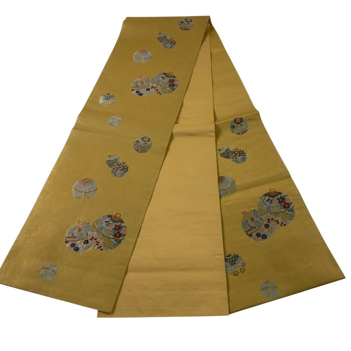 袋帶 秀品級 關西仕立 蘇草花紋 手織金金箔 刺繡 淡黃土 深藍 正蠶絲