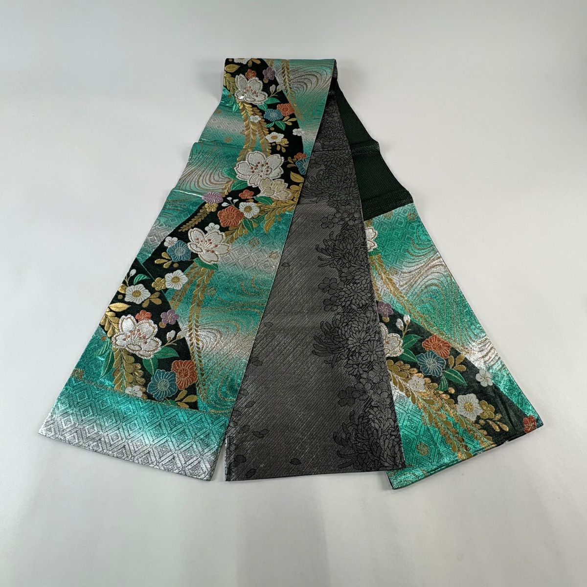 【美品】 袋帶 秀品級 證明書附帶 櫻花 草花紋紋 金銀彩 金金箔 灰綠 六通 純蠶絲