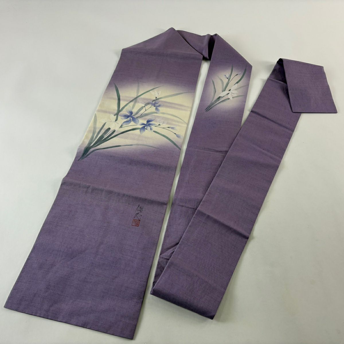 名古屋帶 秀品級 附落款 草花紋 霞 漸層 紫 純蠶絲