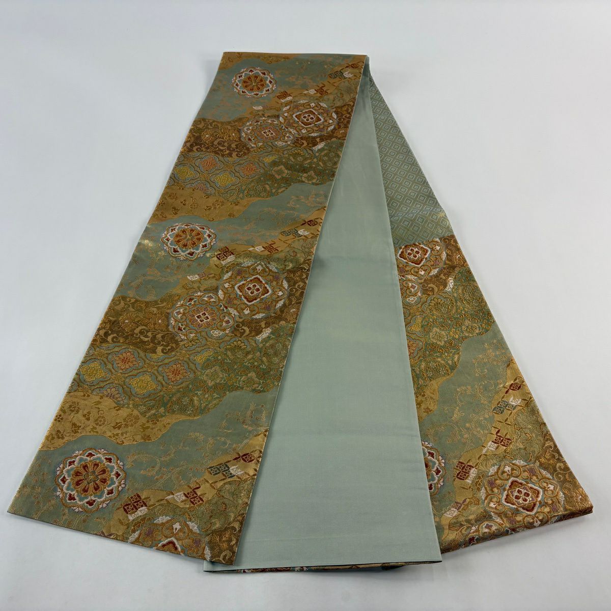 【美品】 袋帶 秀品級 大和 華紋 花唐草紋 金金箔 金絲 灰綠 六通 純蠶絲