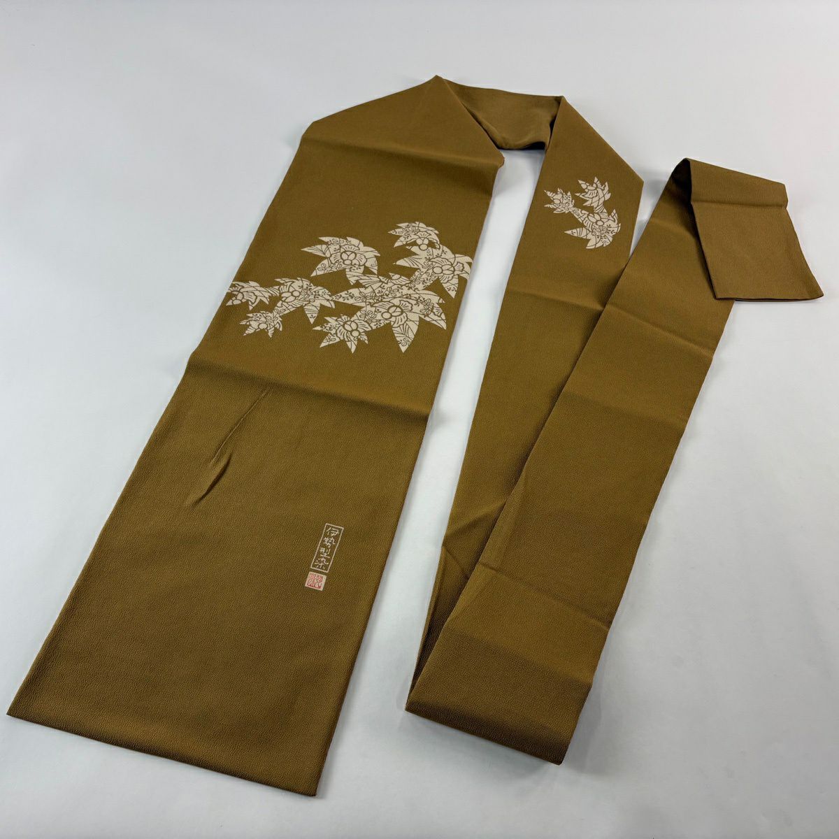 名古屋帶 秀品級 附落款 伊勢型染 膨雀 萩 縮緬 山吹茶 純蠶絲