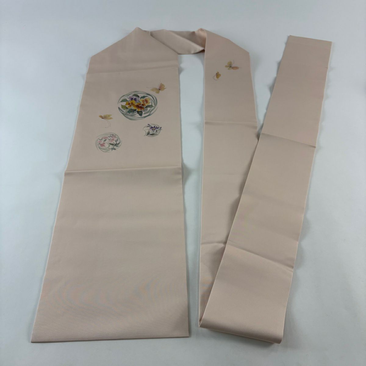 【美品】 名古屋帶 秀品級 花丸紋 蝴蝶 金銀彩 淺粉色 純蠶絲