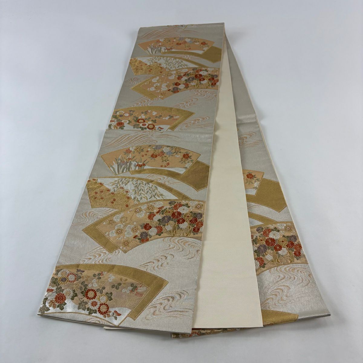 【美品】 袋帶 秀品級 鈴乃屋 扇子面 花車 金銀彩 金金箔 銀 六通 純蠶絲