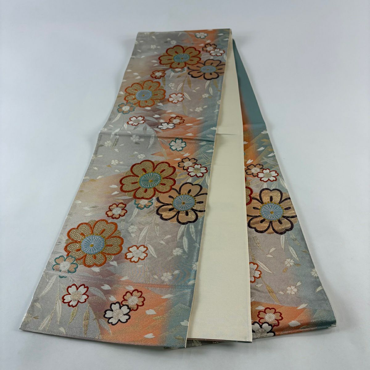 【美品】 袋帶 秀品級 關西仕立 雜花瓣 金銀線 金金箔 淺粉色 六通 純蠶絲