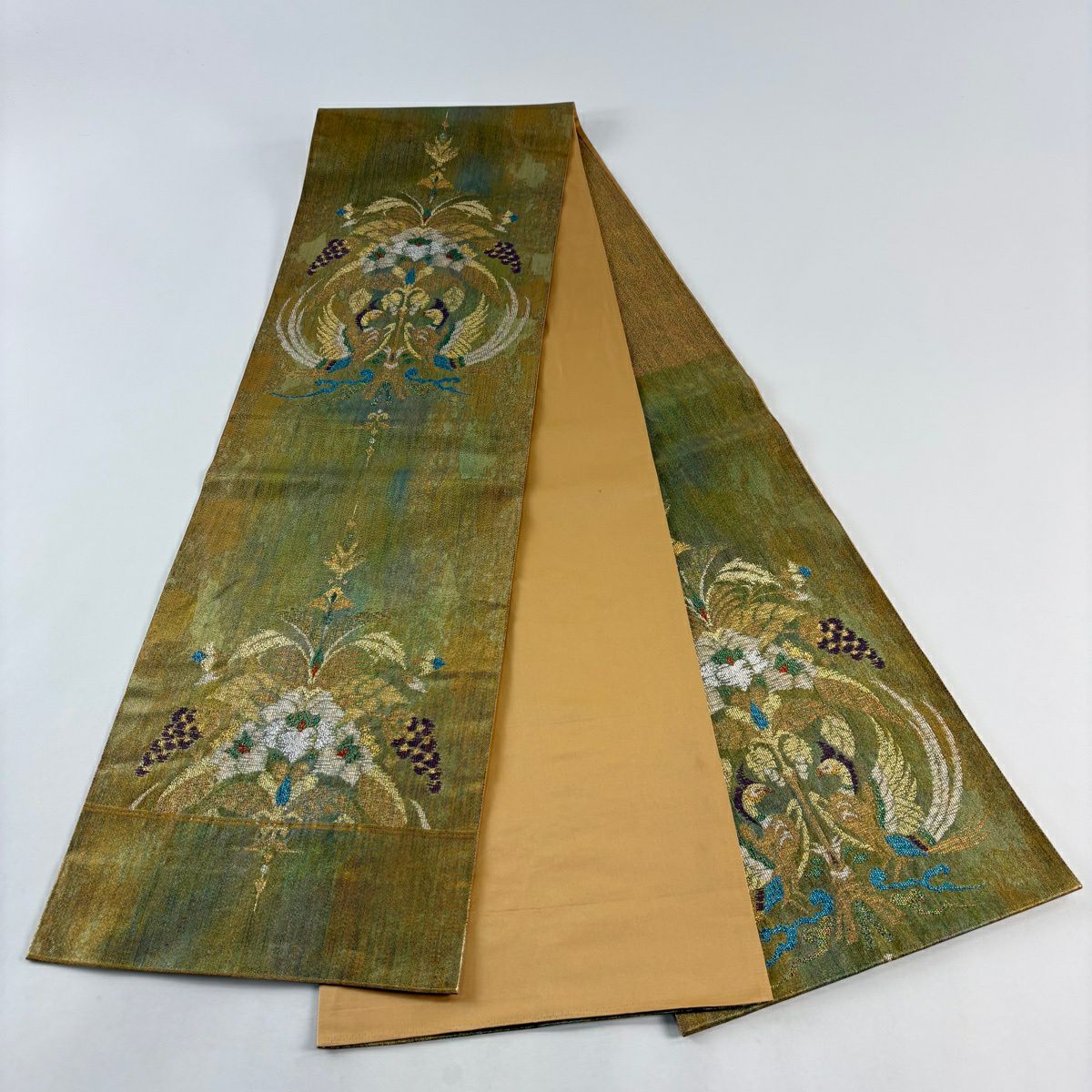 袋帶 秀品級 青銅金箔 關西仕立 樹下鳥獸文 金箔 金絲 金 六通 純蠶絲