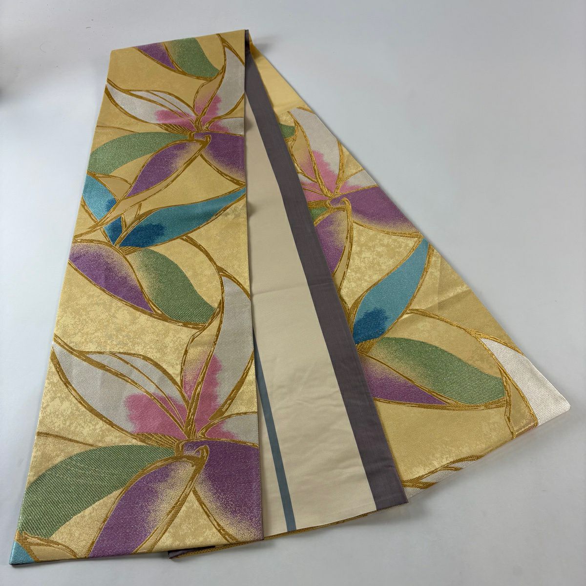 【美品】 袋帶 秀品級 花振舞 長尺織 西陣 可逆 花 金絲 金金箔 黃色 六通 純蠶絲