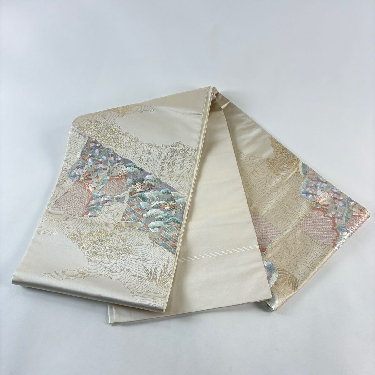 袋帶 秀品級 誰袖 仙鶴 蘇州刺繡 金金箔 奶油色 大鼓圖案 純蠶絲
