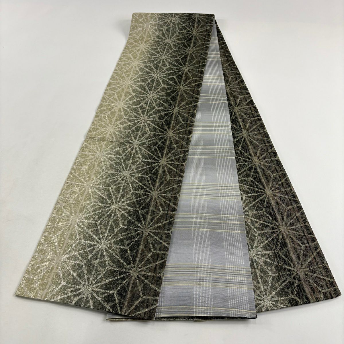 【美品】 袋帶 名品級 麻葉紋 條紋 銀通 灰綠 全通 純蠶絲