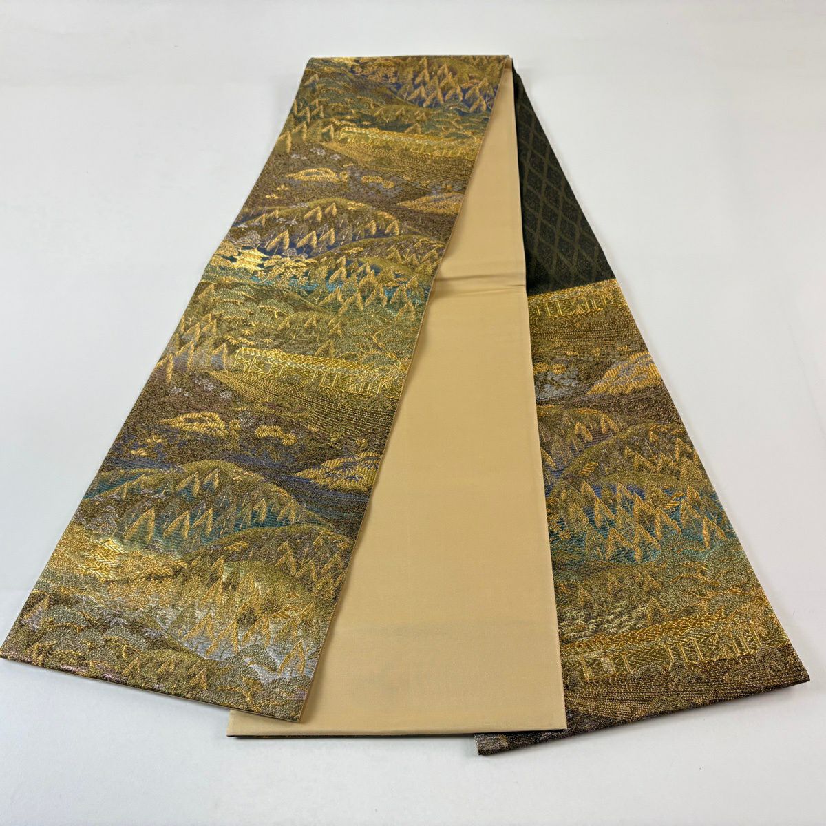 【美品】 袋帶 名品級 落款あり 寺井一雄 京巡遊 風景 金絲 金金箔 金茶 六通 純蠶絲